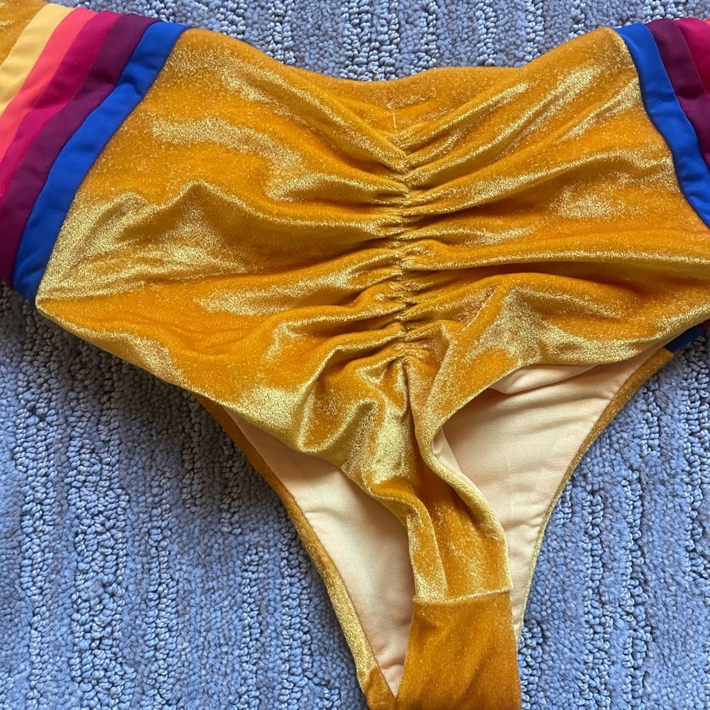 Aviator Nation Gold Yellow Velvet Triangle Bikini with Rainbow Stripes - Picture 6 of 6
